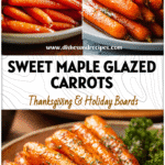Baby carrots coated in maple and brown sugar glaze on a plate beside roasted meat as a Thanksgiving side dish